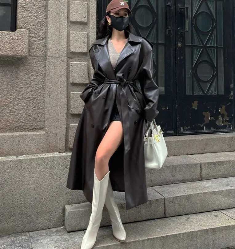 Faux Women's Leather Leather Women Faux PU Leather Coats Turn Down Collar Black High Waist Lace Up Long Jackets Casual Elegant Y2k Maxi Loose W