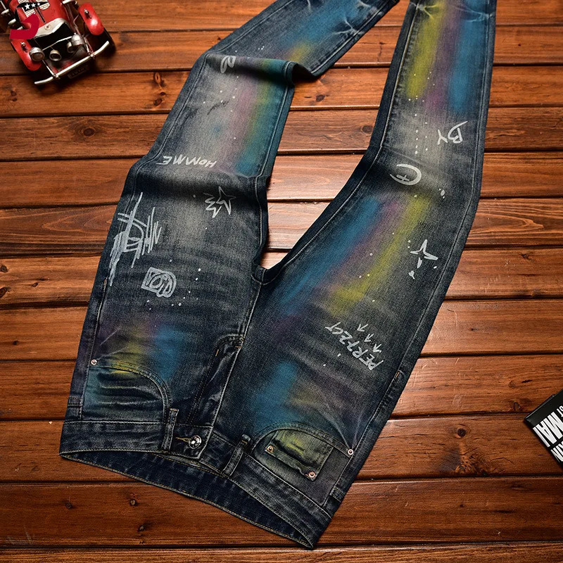 High-End Trendy Jeans Men's Splashed Ink Printing American Street Slim Fit Skinny Stretch Casual Autumn and Winter Trousers 260921