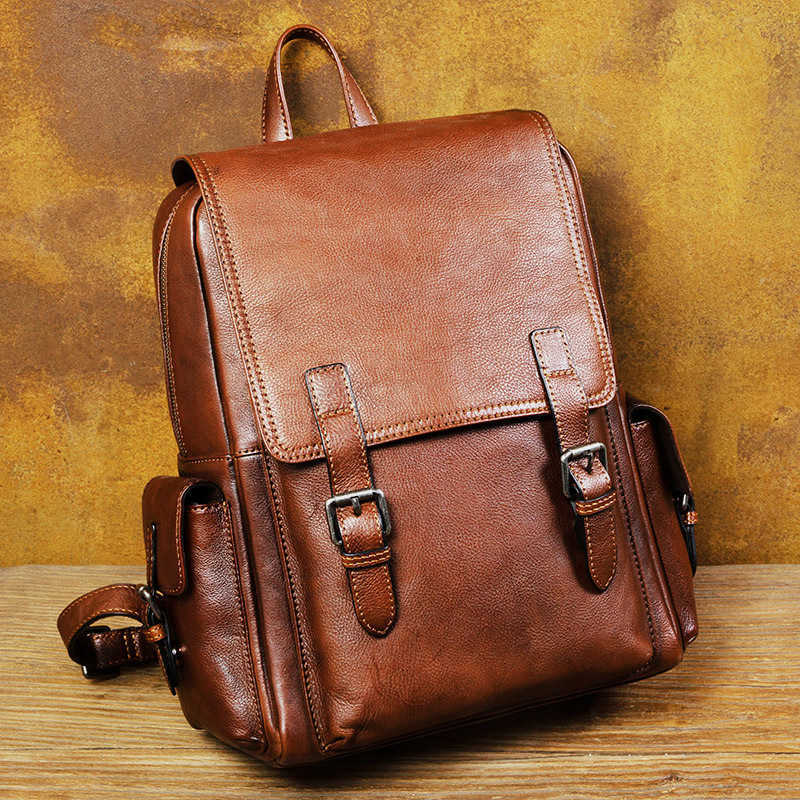 Bag Backpack Style Leather Shoulder Men's Vegetable Tanned Top Layer Cowhide Student Bag Men's Bag Soft Leather Casual Handmade Backpack H