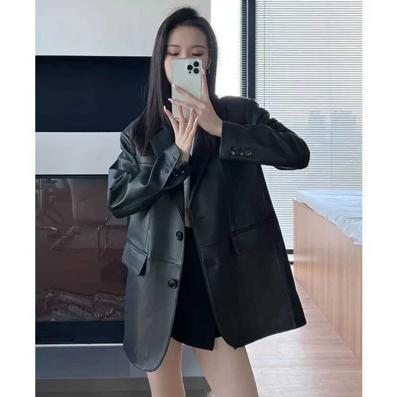 Black Leather Korean Jacket Women Streetwear Loose Formal Leather Blazers Female Fashion Trend Chic Punk Leather Jacket 2025 New C260921