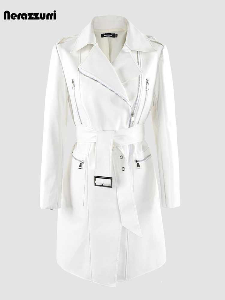 Women's Jackets Nerazzurri Spring Cool Handsome Long White Pu Leather Biker Jacket Women Zipper Belt Fall 2023 European Fashion Women Clothing