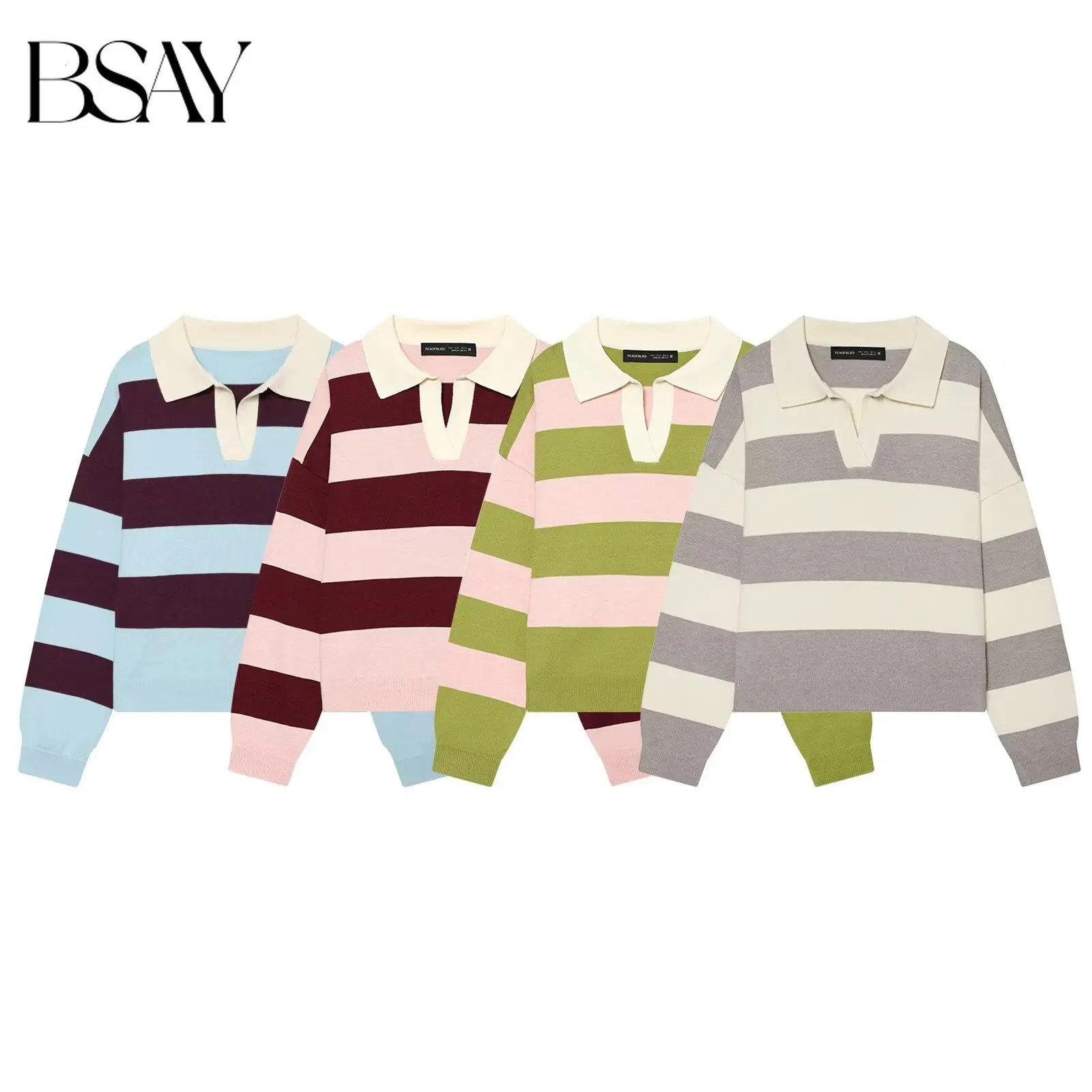 BSAY Korean Minimalist Color Block Striped Knit Tops BSAY Women Polo Neck Long Sleeve Oversized Loose Daily Sweater Pullover 260922