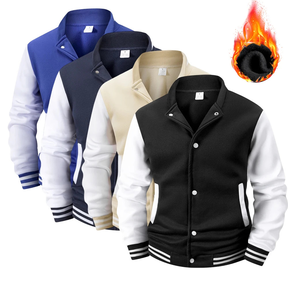 Mens FleeceLined Varsity Jacket Autumn Winter Warm Color Block Baseball Jacket Button Front Striped Cuffs Retro Casual Coat 260922