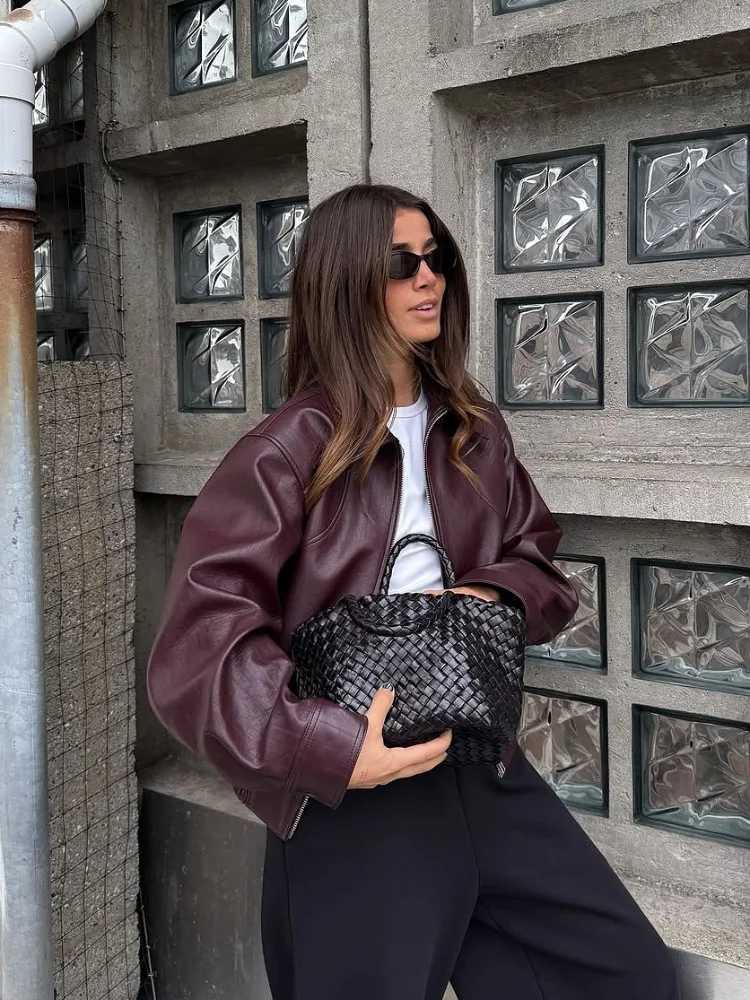 Women's Jackets Wine Red Lapel Leather Short Coat Retro Women's Zipper Long Sleeve Jackets Female 2026 New Autumn Fashion High Street Jack