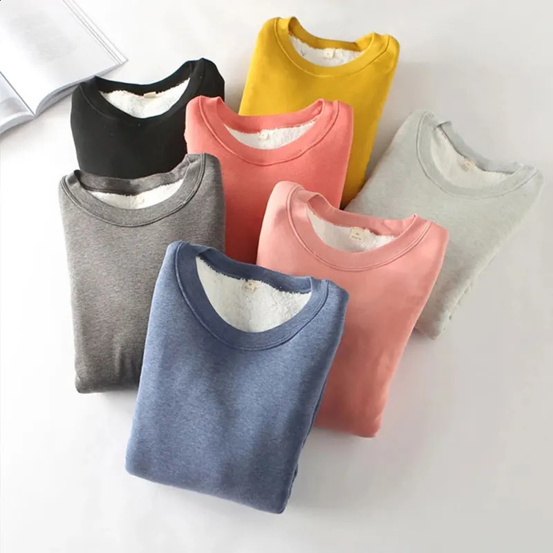 Winter Women Long Sleeve Thick Plus Velvet T-Shirt Warm Cotton Fleece Thermal Tops Casual Soft O-Neck Undershirt S-5XL 260921