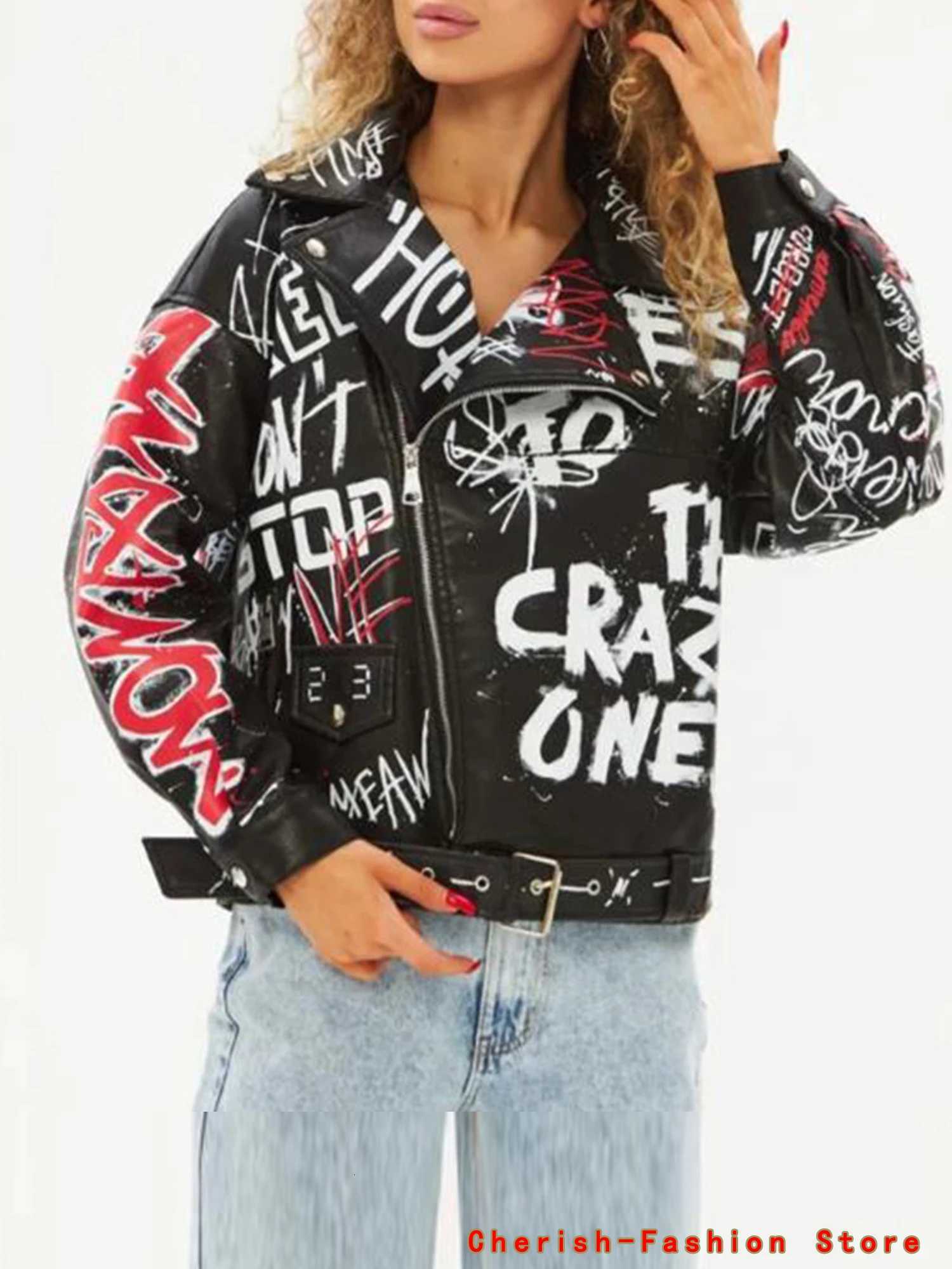 Autumn Winter Women Faux Soft Leather Jackets Coats Lady White Black PU Rivet Zipper Epaulet 3D Print Motorcycle Streetwear C260921