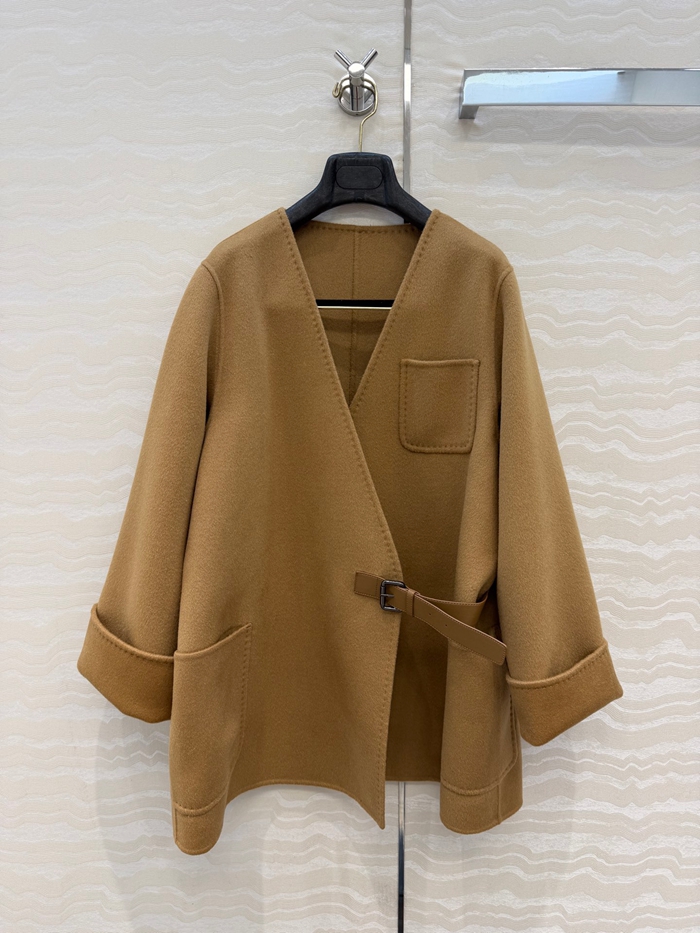 2026 Autumn Khaki Solid Color Woolen Belted Wool Blends Outwear Coat Long Sleeve V Neck Double Pockets Classic Coats WS6S21 Check Size Chart Please
