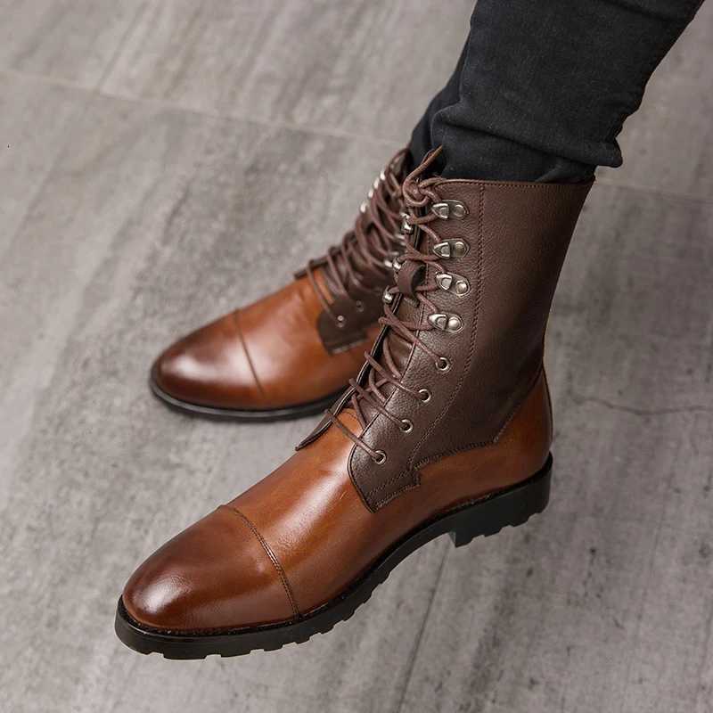 Designer Toe Boots Casual Pointed Man Shoe Vintage Leather Footwear Men High Top Boots Lace-up Motorcycle Shoes All-match Mens Chelsea Boots J260922