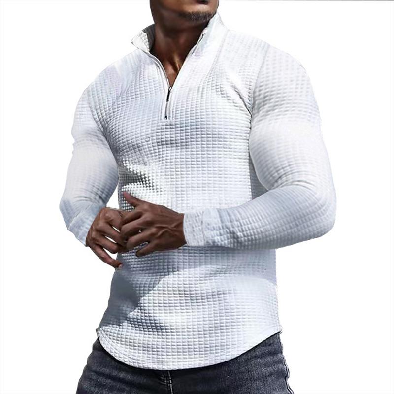 Chemise à manches longues et demi-fermeture éclair pour hommes, tricot gaufré, pull à col montant, tissu extensible, entraînement athlétique lége