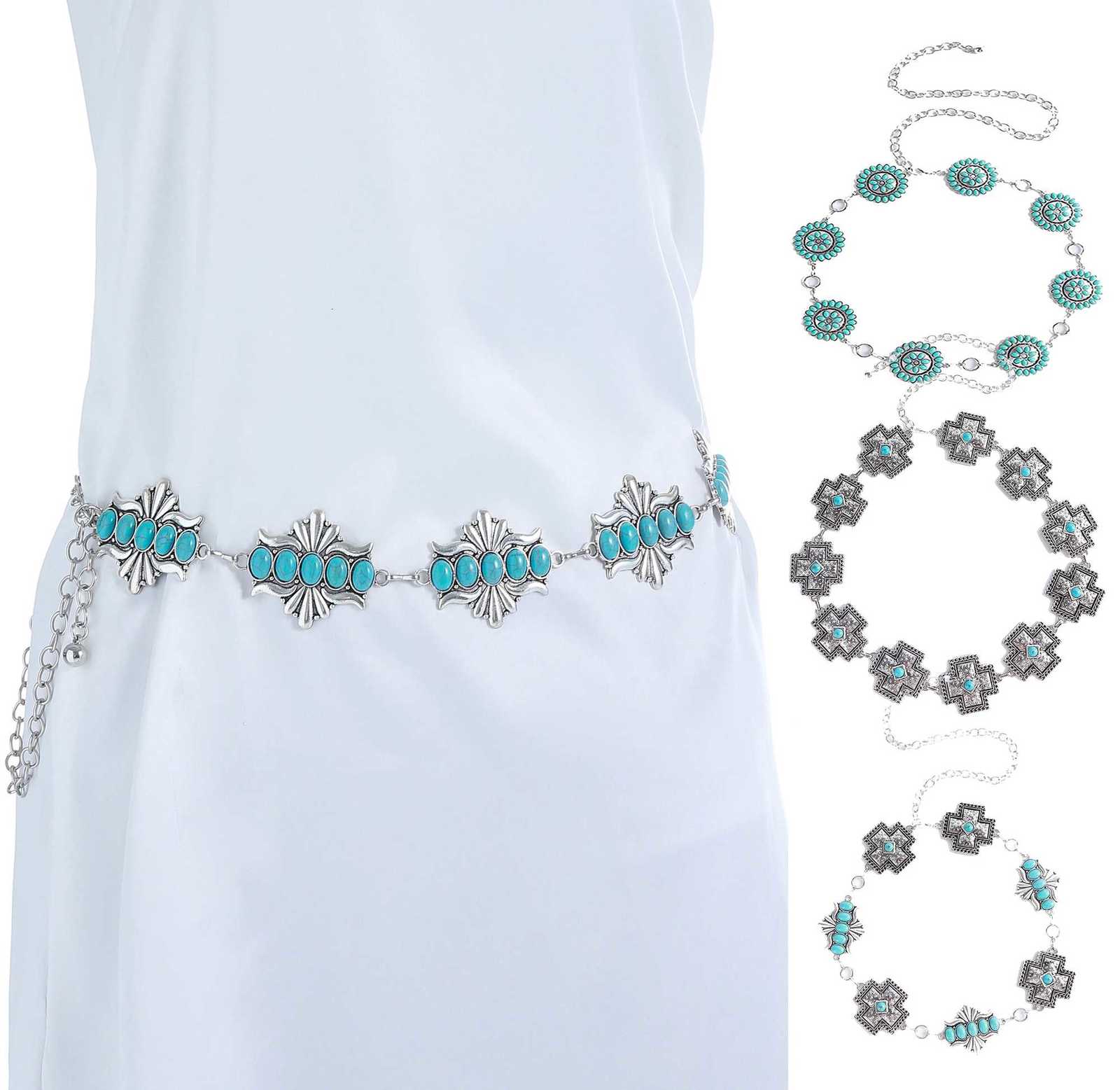 Waist Chain Belts Bohemian Style Turquoise Carved Personalized Waist Chain Classic and Versatile Metal Vintage Hollow Out Women's Waist Chain B