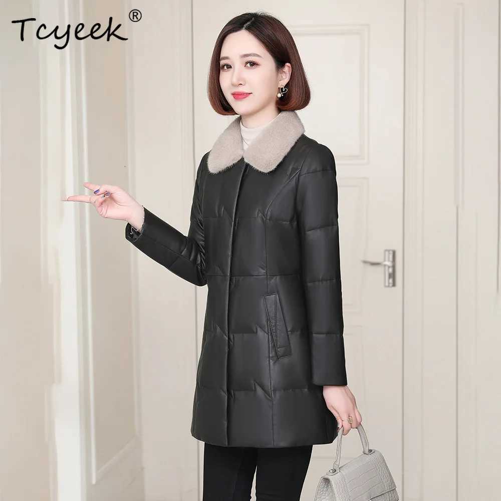 Leather Tcyeek Genuine Jacket Women Winter Clothes 2026 Mink Fur Collar Mid-length Sheepskin Down Coat Woman 90% White Duck Down C260921