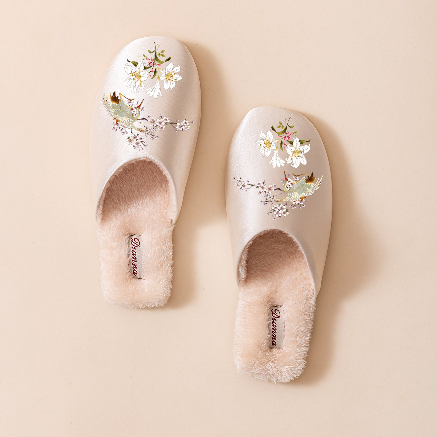 Women's Cotton Slippers High-End Feel Autumn Winter Warm Fleece Comfortable Floor Shoes Thick Sole Non-Slip Light Luxury National Style Satin M