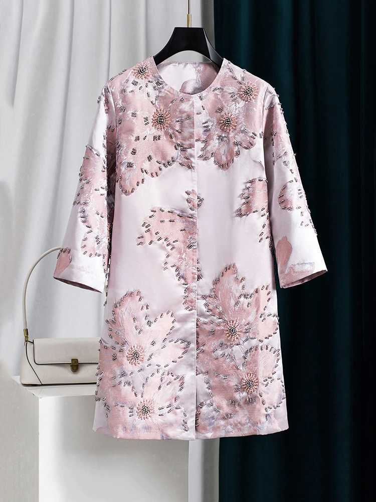 Women's Jackets Women's Pink Jacquard Beaded Oversized Round Neck 3/4 Sleeve Midi Trench Coat Outerwear Autumn Winter Casual Vintage Chic