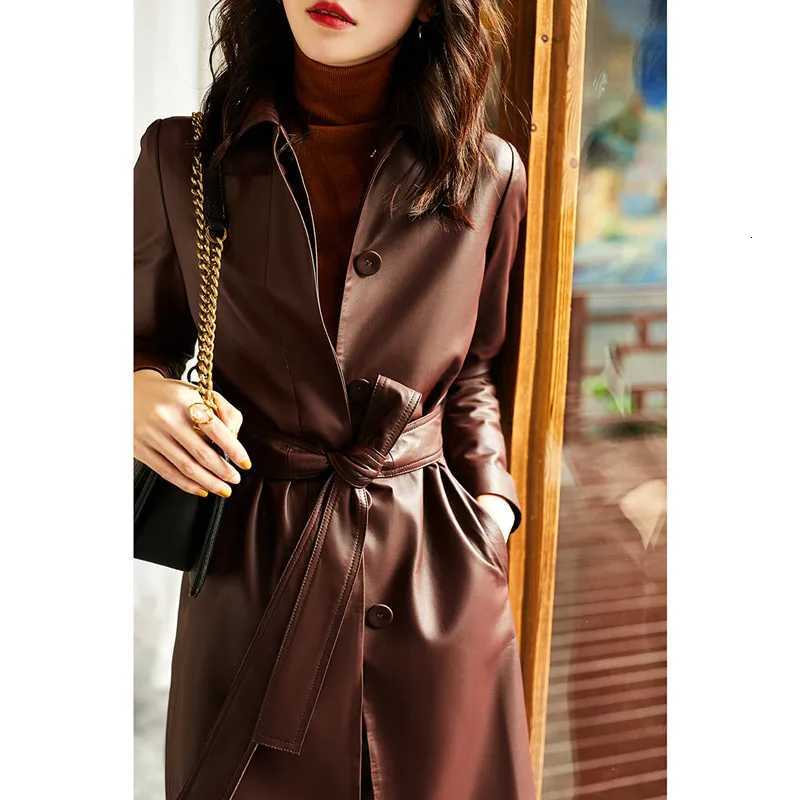 Size Women's Large Leather Coat Lace up Genuine Sheepskin Long Trench Jacket Top for Spring And Autumn C260921