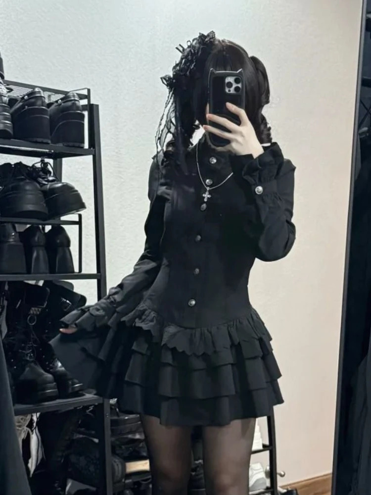Spring Vintage Gothic Style Lace Up Dress Women n High Street Black Lolita Slim Dresses 2025 Y2k Lace Long Sleeve Clothing 260922