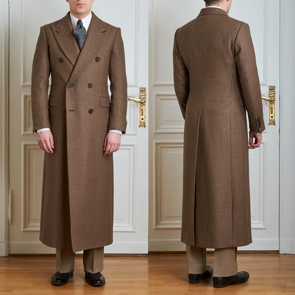 Vintage Autumn Winter Men Long Coat Double Breasted Houndstooth Overcoat Peaked Lapel Warm Customized Formal Clothing