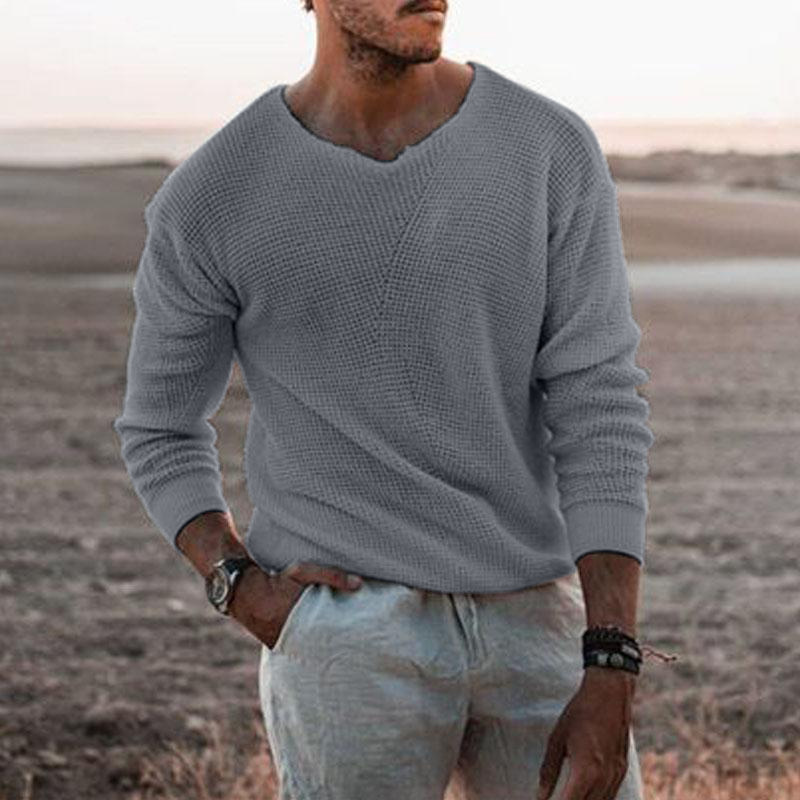 Men's V Neck Waffle Knit Sweater Long Sleeve Pullover Casual Loose Fit Solid Color Lightweight Jumper for Spring Autumn