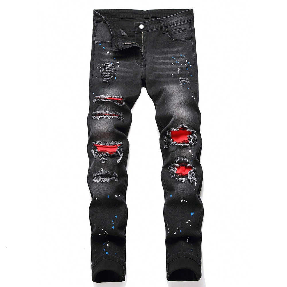 Jeans Men's Men's Y2K Fashion Ripped Patchwork Hole Straight Black Jeans Slim Fit Stretchy Skinny Denim Pants Casual Hip Hop Brand Trouser