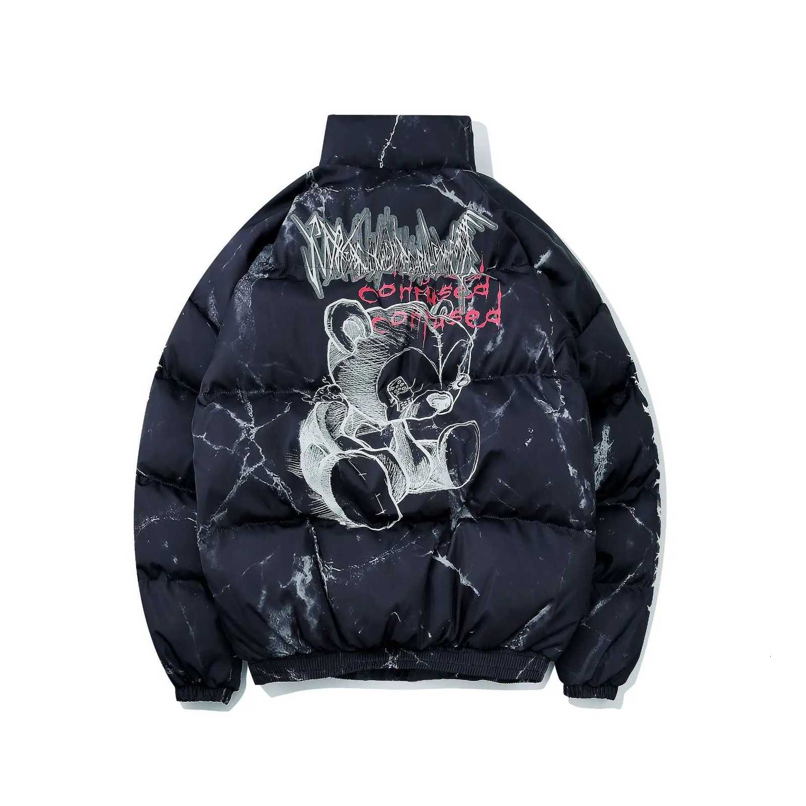 Hop Men's Down Parkas Hip Puffer Jackets Men Streetwear Padded Parkas Coats Lightning Bear Printed Oversized Jackets Winter Coat Black Parkas C