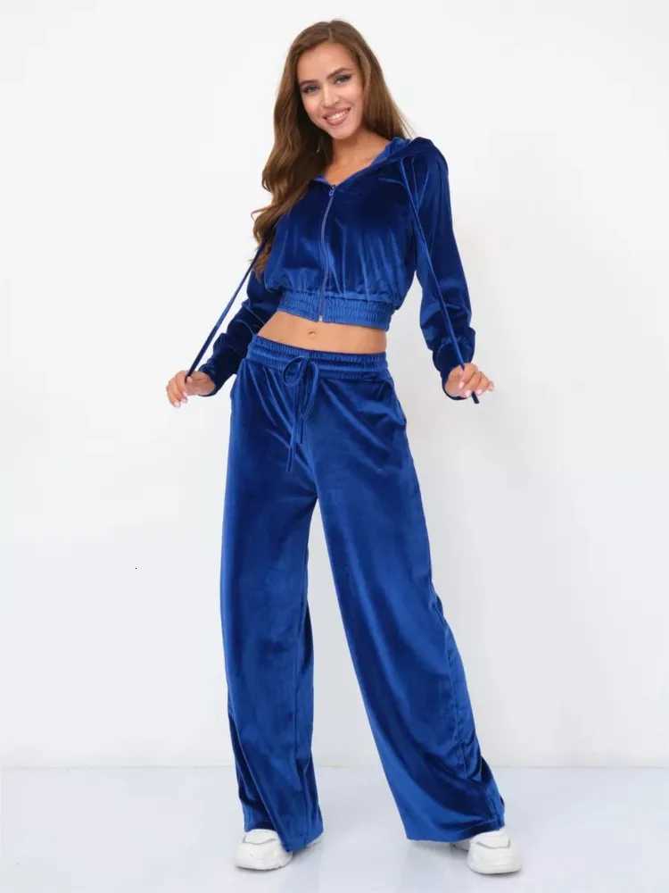Sports Baseball Casual Sets Women 2 Piece Fashion Solid Color Long Sleeved Velvet Hooded Cardigan Elastic Waist Wide Leg Pants Ladies Sets N260922