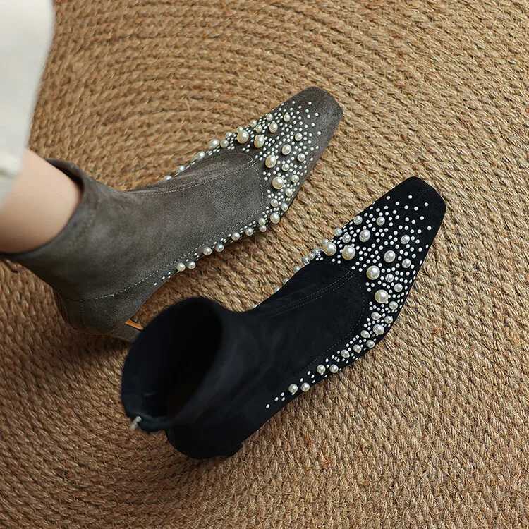 Pearl Decor Grey Flock Women Ankle Boots Stretch Flock Autumn Short Prom Pumps Large Size 42 Black Winter Botas Chaussure Mujer Q260922