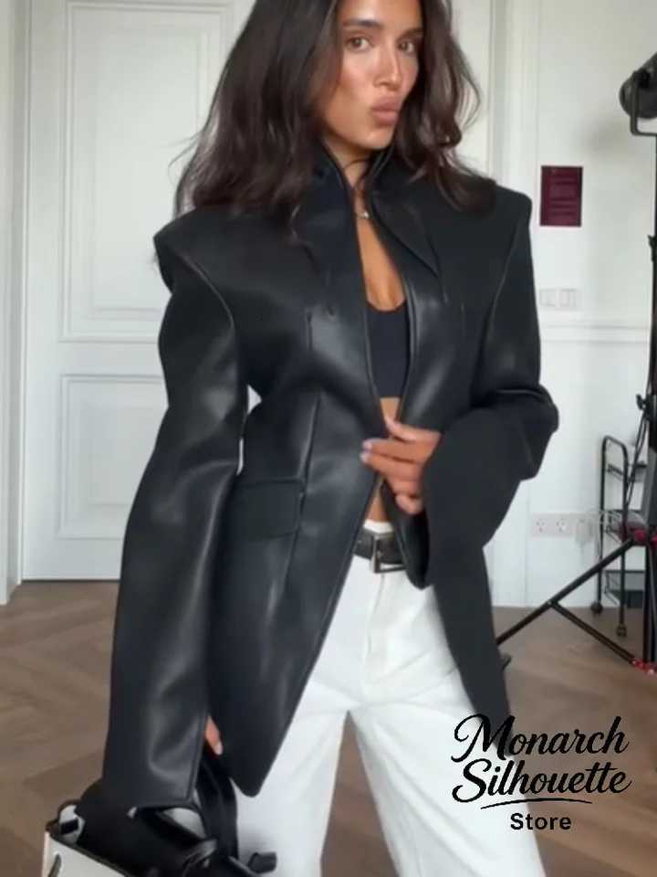 Collar Solid Stand Faux Leather Jacket Women Chic High Neck Long Sleeves Padded Shoulder Coat 2026 Autumn New Casual Street Wear C260921