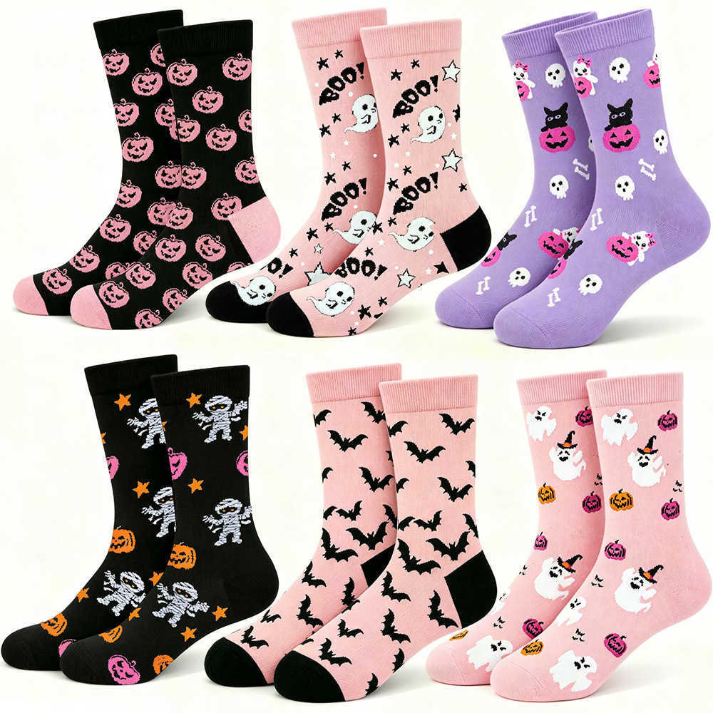 Sweet and cool pink and purple color-blocked Halloween-themed mid-calf cotton socks featuring pumpkin ghost and bat prints unisex design T260922