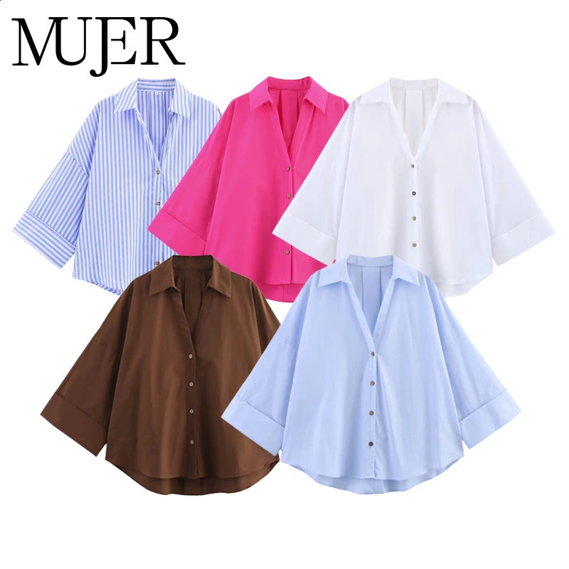 MUJER Oversized Shirt Women Striped Casual Shirts and Blouses Woman Wide Sleeve Tops Woman White Blue Summer Shirts Women 260921