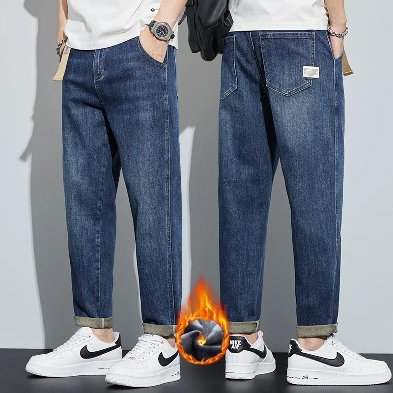 Winter Dark Blue Fleece Jeans for Men Black Loose Straight Casual Trendy Comfortable Versatile Youth Thickened Harem Pants Blue 260922