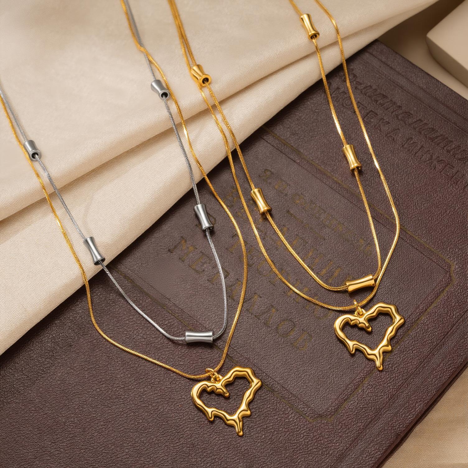 lava heart double-layer necklace, 18K gold stainless steel snake bone chain, European and American style hollow pendant, clavicle chain for women