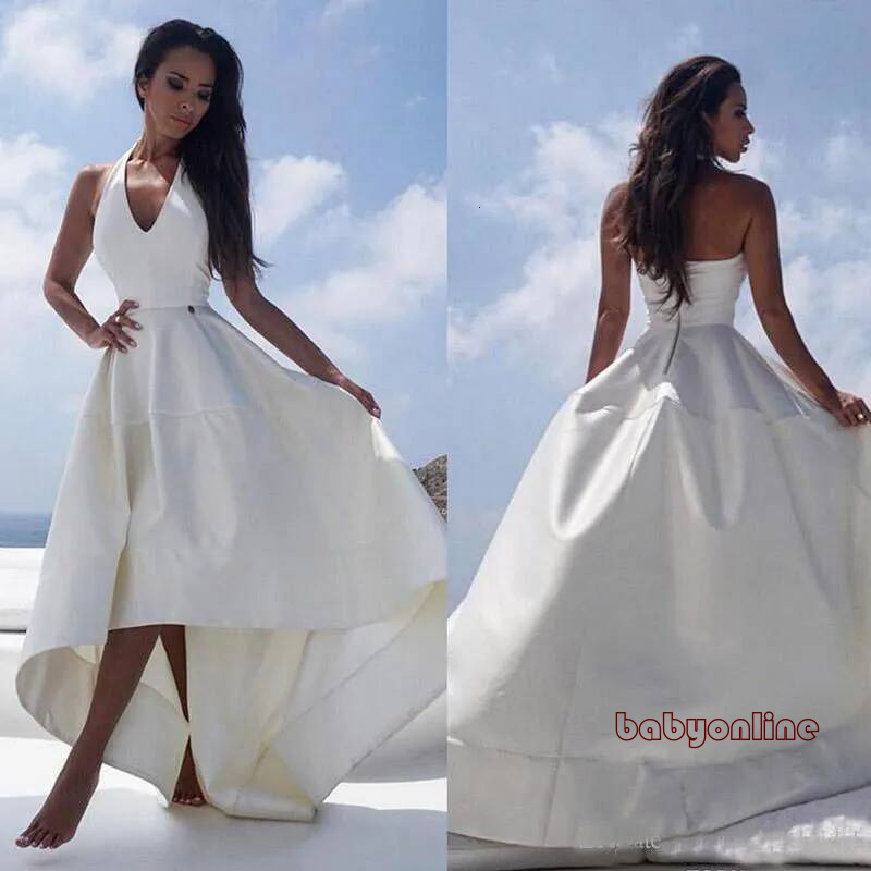 White Satin High Low Beach Wedding Halter V Neck Sexy Backless Reception Dress For Women Summer Bridal Party Gowns