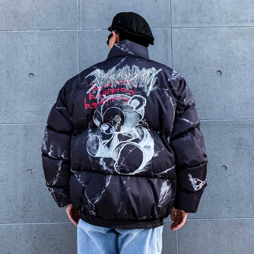 Down Parkas Winter Down Men's Jacket Coat Men Cartoon Bear Print Parka Fashion Streetwear Casual Loose Thick Warm Padded Oversized Jackets Outw