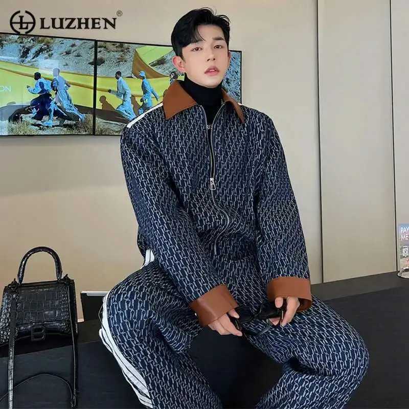 LUZHEN Men's Spring Tracksuits New Men's Two Piece Printing Denim Jackets Sets Korean Style Loose Straight Jeans Classic Street Short Coat
