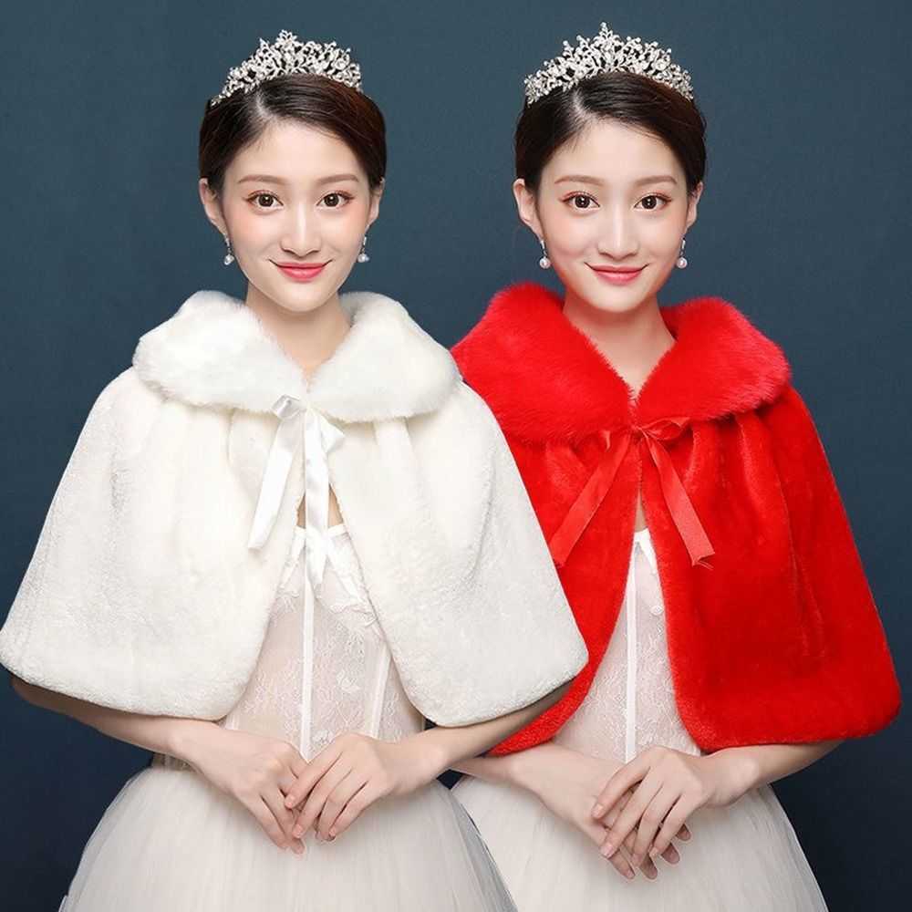 Womens White Winter Thicken Plush Wrap Stole Elbow Length Wedding Bridal Shawl Cape Warm Jacket Shrug with Lace Up Ribbon S260922VMQE