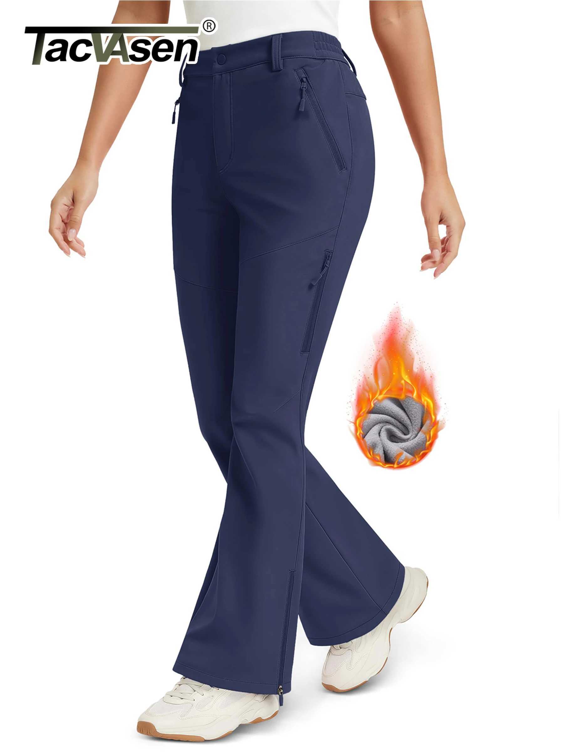 TACVASEN Women's Fleece Lined Flare Pants Waterproof Insulated Snow Ski Pants Warm Outdoor Winter Hiking Pockets Softshell Pants R260921
