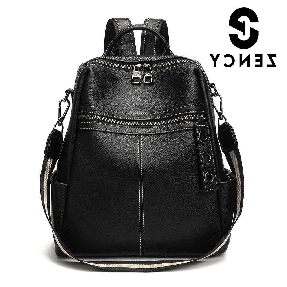 Stile Zency Zaino in vera pelle al 100% per zaino da donna Borsa a tracolla nera di alta qualità per pendolari Borsa da viaggio per scuola Borsa da