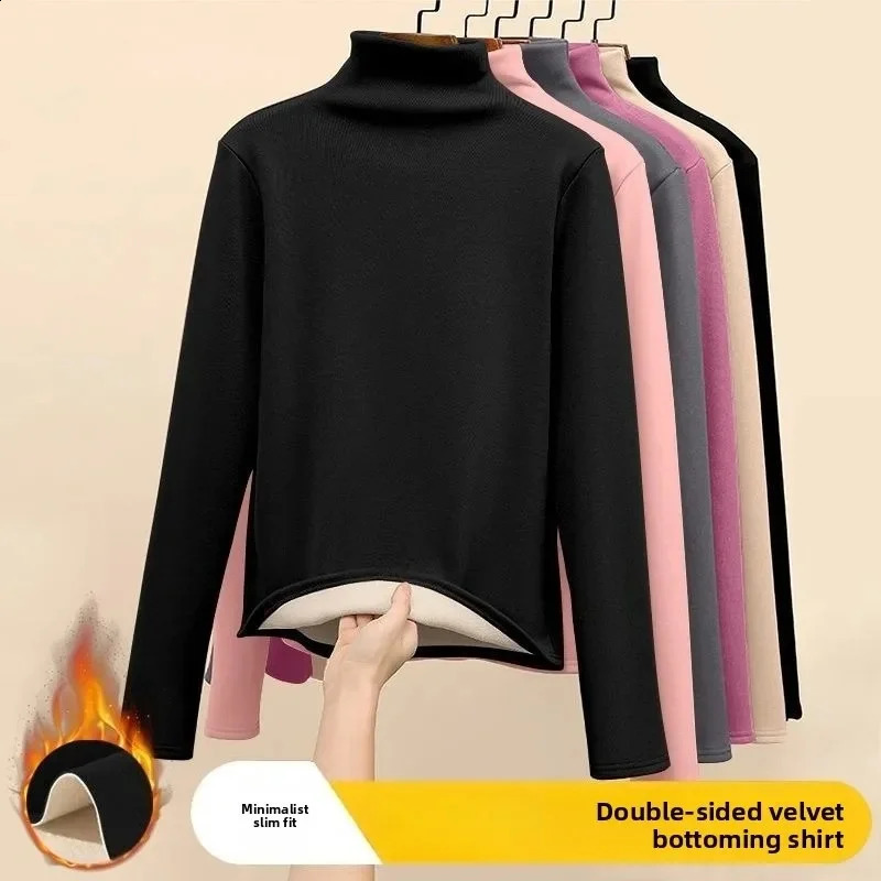 Women Thermal Underwear Winter Thickened and Flannel Bottom Shirt Solid Long Sleeve Basic T-Shirt Heating Fiber Pullovers 260921