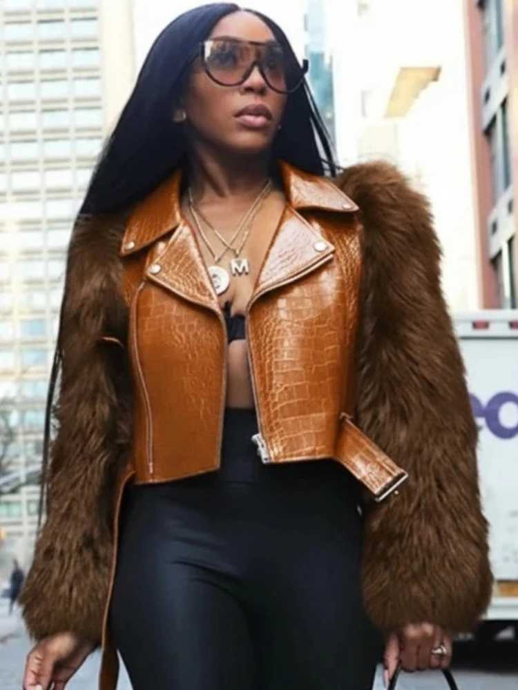 Leather Faux Women's Leather Leosoxs Winter New Sexy Fur Leather Patchwork Jacket for Woman Motorcycle Lapel Zipper Crop Coat Female Streetwear
