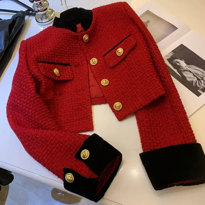 Fashion Stitching Tweed Short Jacket Women Autumn Winter Elegant Office Lady Coat Y2K Korean O Neck Single Breasted Crop Outwear 260922