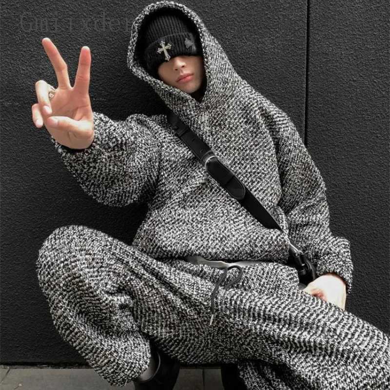 Tracksuits Trendy Niche Men's Suit Men's Sports Casual High Street Retro Woolen Fashion Elegant Style Velvet Hooded Sweatshirt Men's