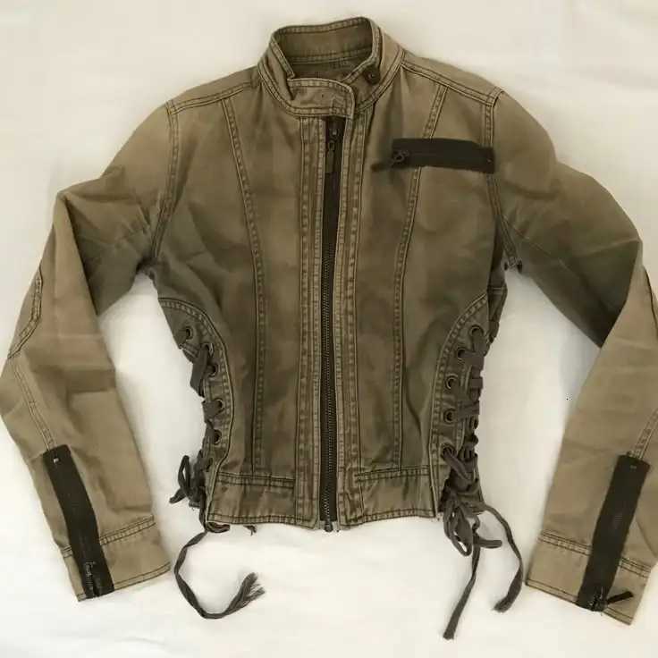 Women's Jackets Y2K Retro Army Green Zipper Jacket Women Harajuku Sexy Slim Fit Denim Jacket Autumn Winter Short Stand Collar Coat Goth Clothin