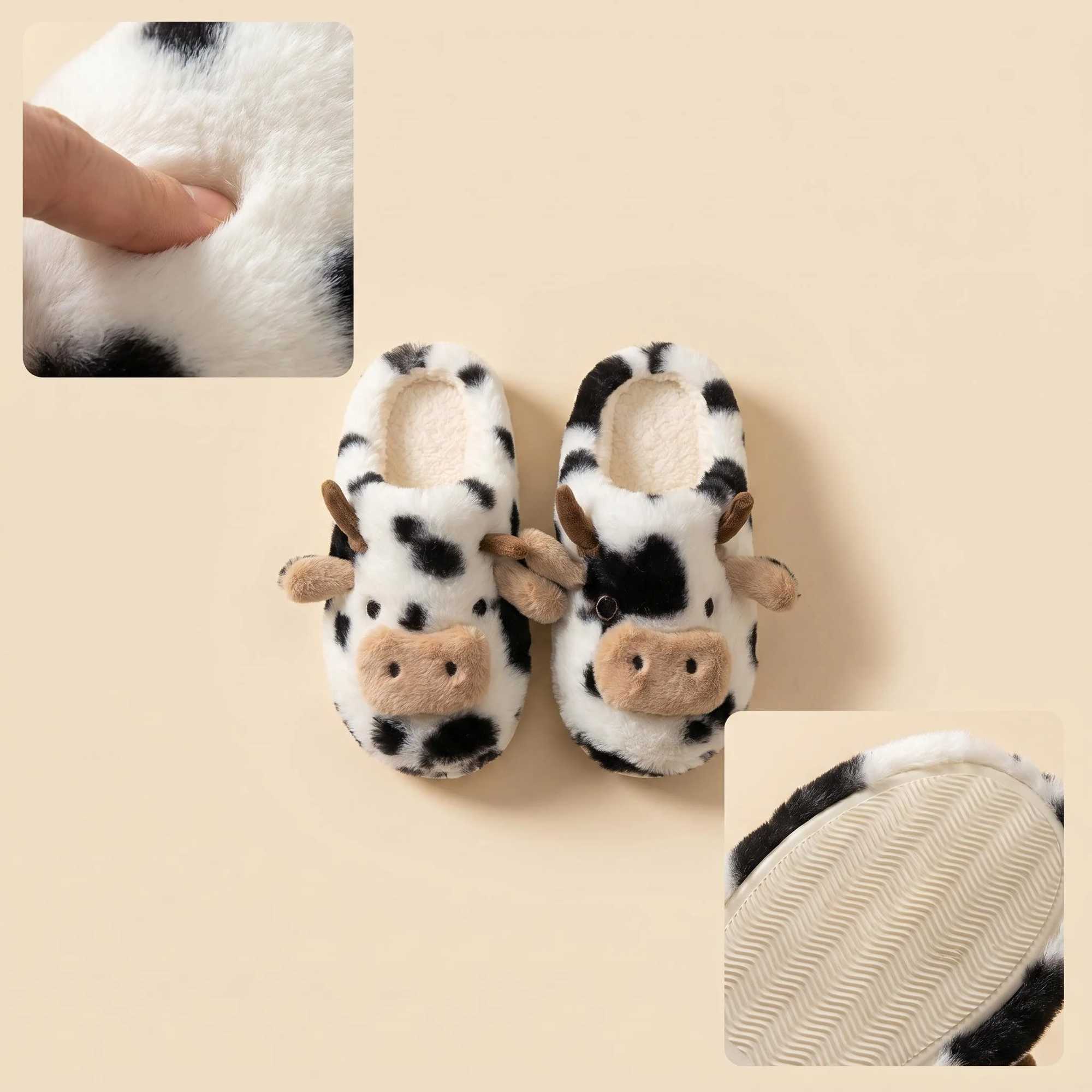 A Pair of Cute Cartoon 3D Cow Plus for Women Comfortable Fluffy Home Slippers with Soft Soles for the Bedroom Cute 3D MilkThemed Warm NonSlip Indoor