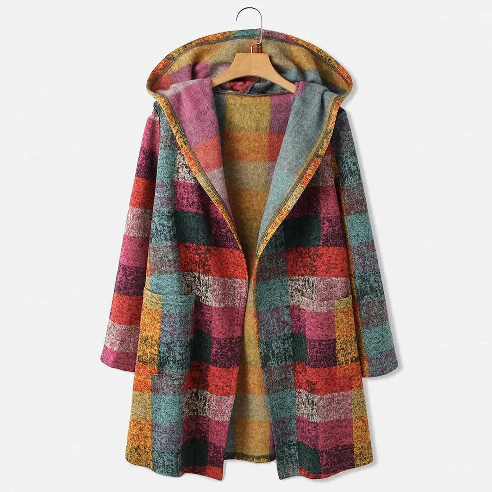 Women's Jackets Womens Casual Plaid Cardigan Long Sleeve Zipper Hooded Vintage Pocket Duster Sweater Cardigan Womens Knit Jackets Ropa De Mujer