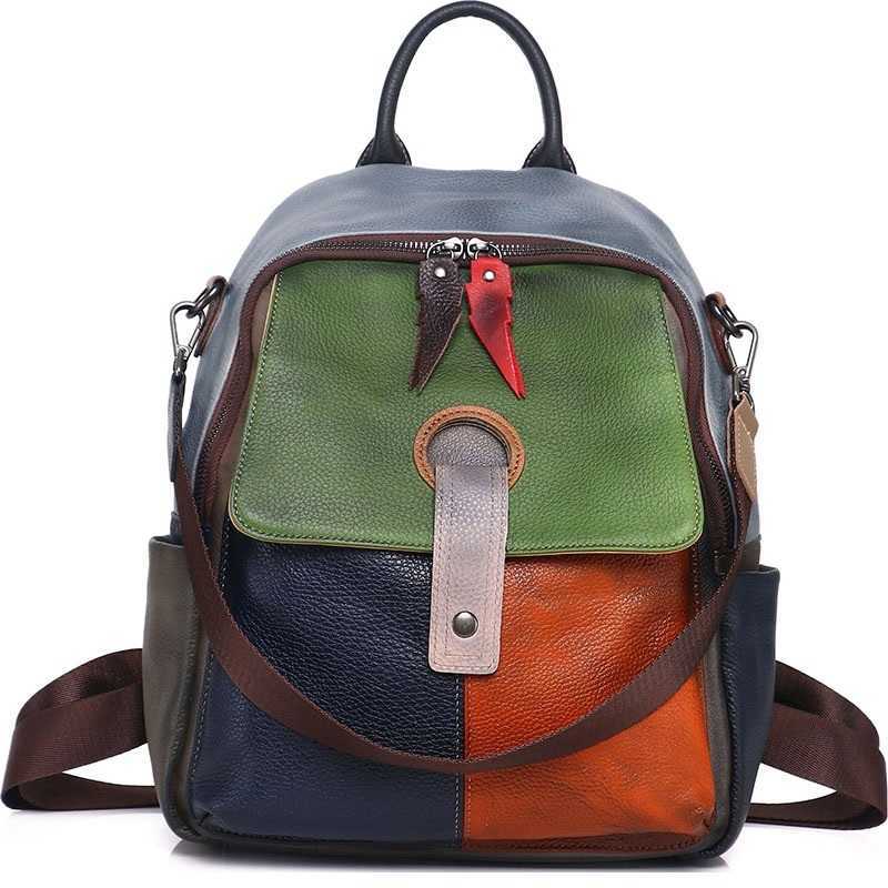 Zaino in pelle stile patchwork Zaino autentico Donna Borse a tracolla in vera pelle di mucca uniche Borsa da viaggio da donna in pelle di vacchetta