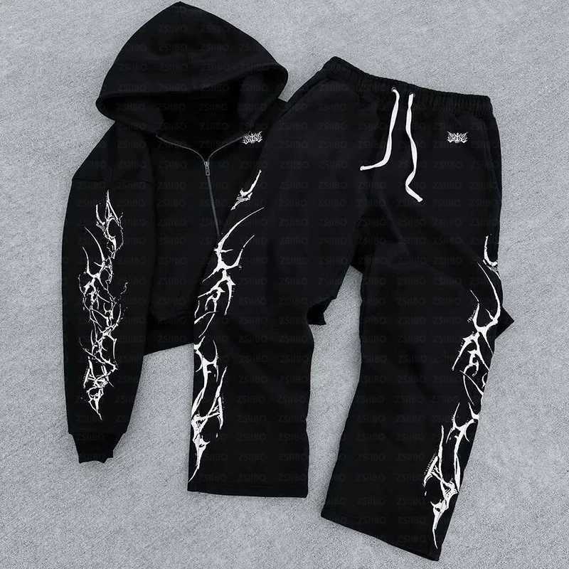 new Men's Tracksuits 2025 European and American retro punk complex design printed zipper cardigan hoodie trousers sweatpants suit street wear J