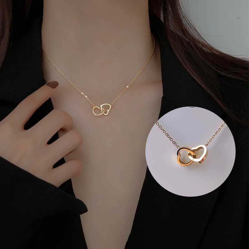 Pendant Necklaces 18k Gold Plated Minimalist Double Ring Heart Chain Necklace for Women Titanium Steel Anti-Tarnish Trendy Jewelry Accessory X260921