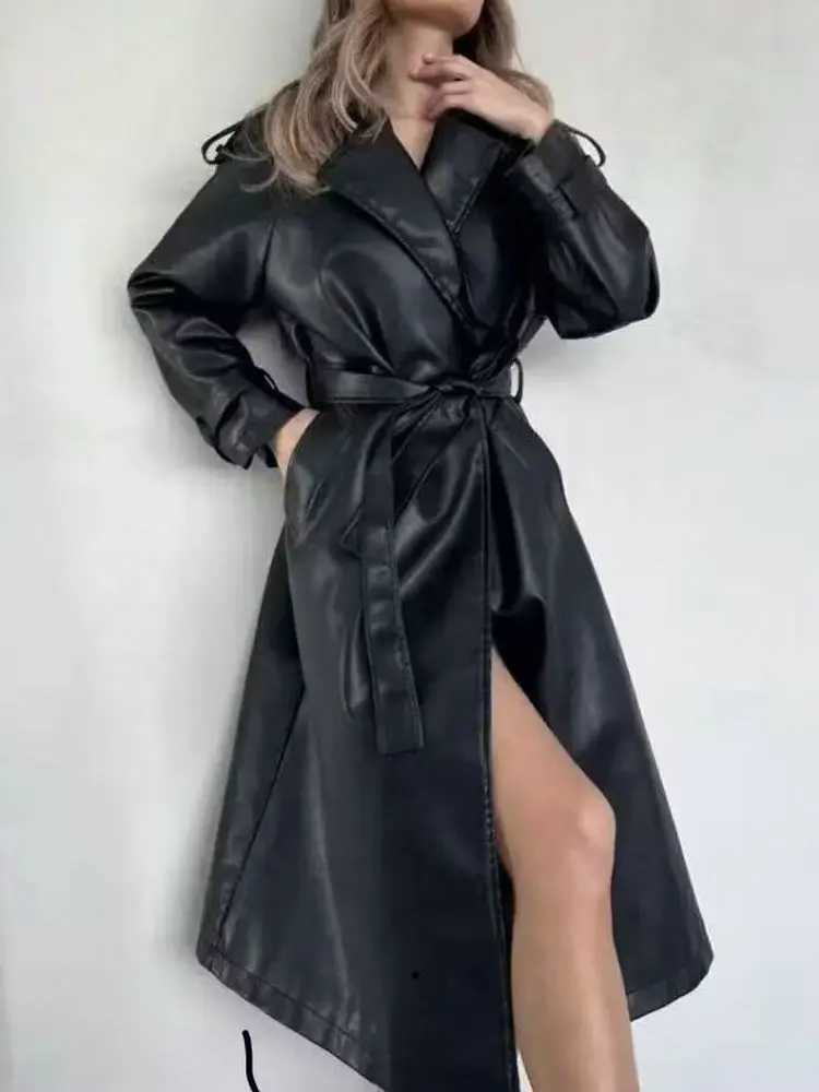 New Fashion 2025 Women British Elegant Extra Long Black Faux Leather Trench Coats Belt Female Vintage Luxury Designer Jackets C260921