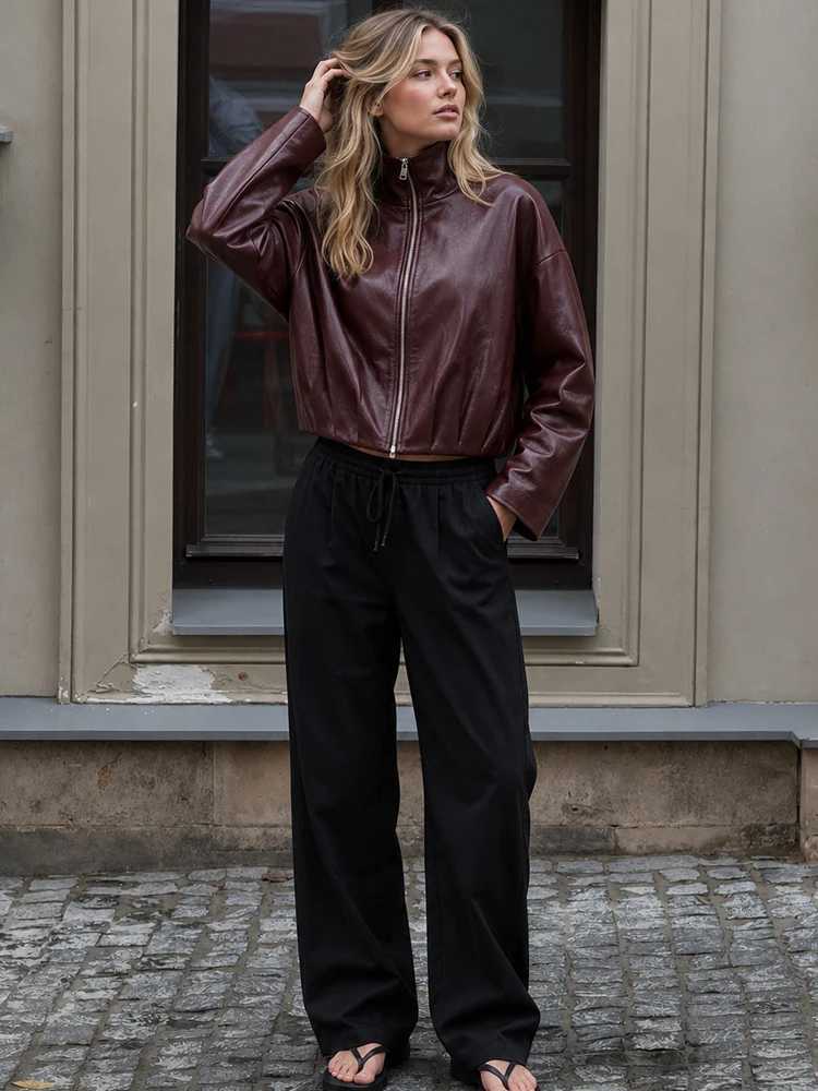 Leather Faux Women's Leather HH Vintage Womens Cropped Faux Leather Jacket 2026 Spring Autumn Long Sleeve Stand-Collar Zip-Up Biker Style Coat