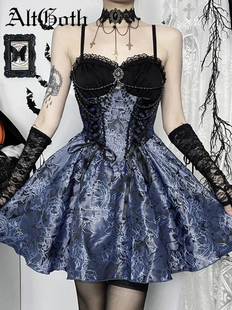 AltGoth Dark Gothic Lolita Dress Women Harajuku Streetwear Aesthetic Fairy Grunge Lace Patchwork Bandage Corset Dress Partywear 260922