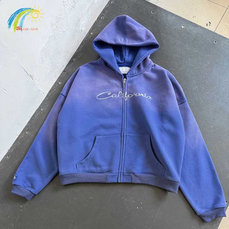 Men's Hoodies Sweatshirts Simple Classic Letters Print ERL Zipper Hoodie Hooded Men Women Unisex Vintage Washed Blue Oversized Boxy Cardigan Co